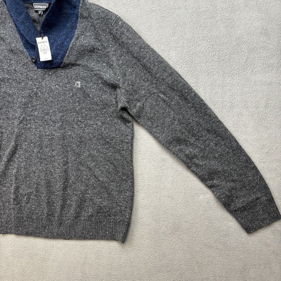 NEW Express Merino Wool Shawl Neck Sweater Mens Size M Gray Wool Blend - Picture 6 of 7